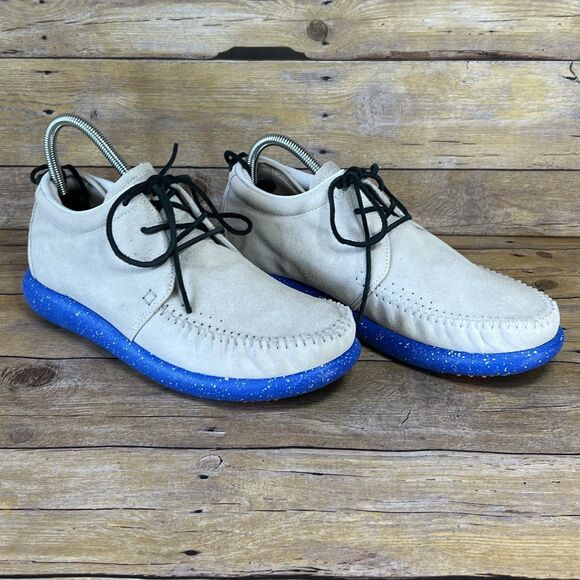 WB Moccasin Size Mens 6 Womens7 Taupe Royal Blue Hemera Fringe 100%Leather Suede - Picture 9 of 16